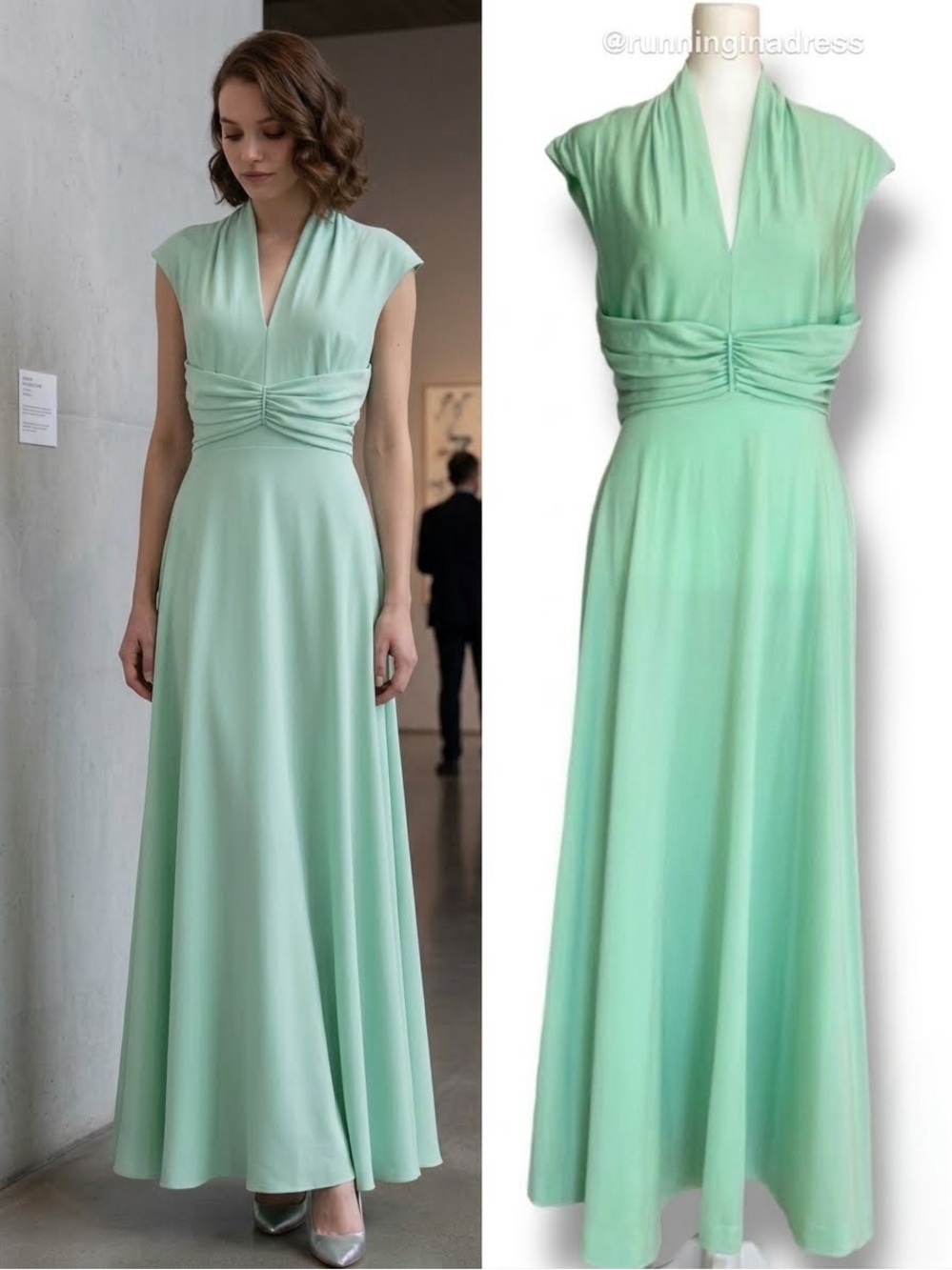 VTG 70s Seafoam Mint Green Jersey Goddess Maxi Dress Plunging V-Neck Gown S M